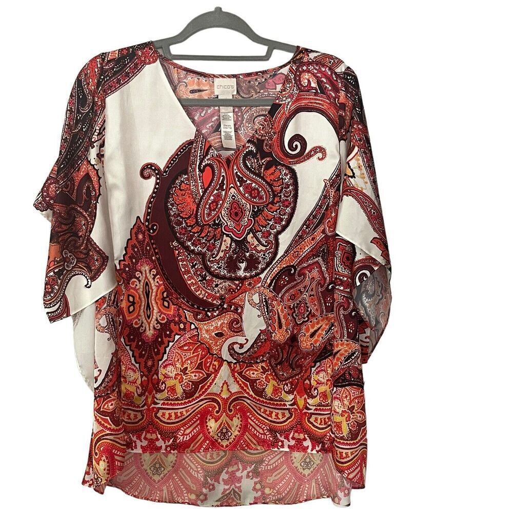 Chico’s Women's Sz L/XL Print Ruana Kimono Flutter Sleeves Red & Orange Paisley